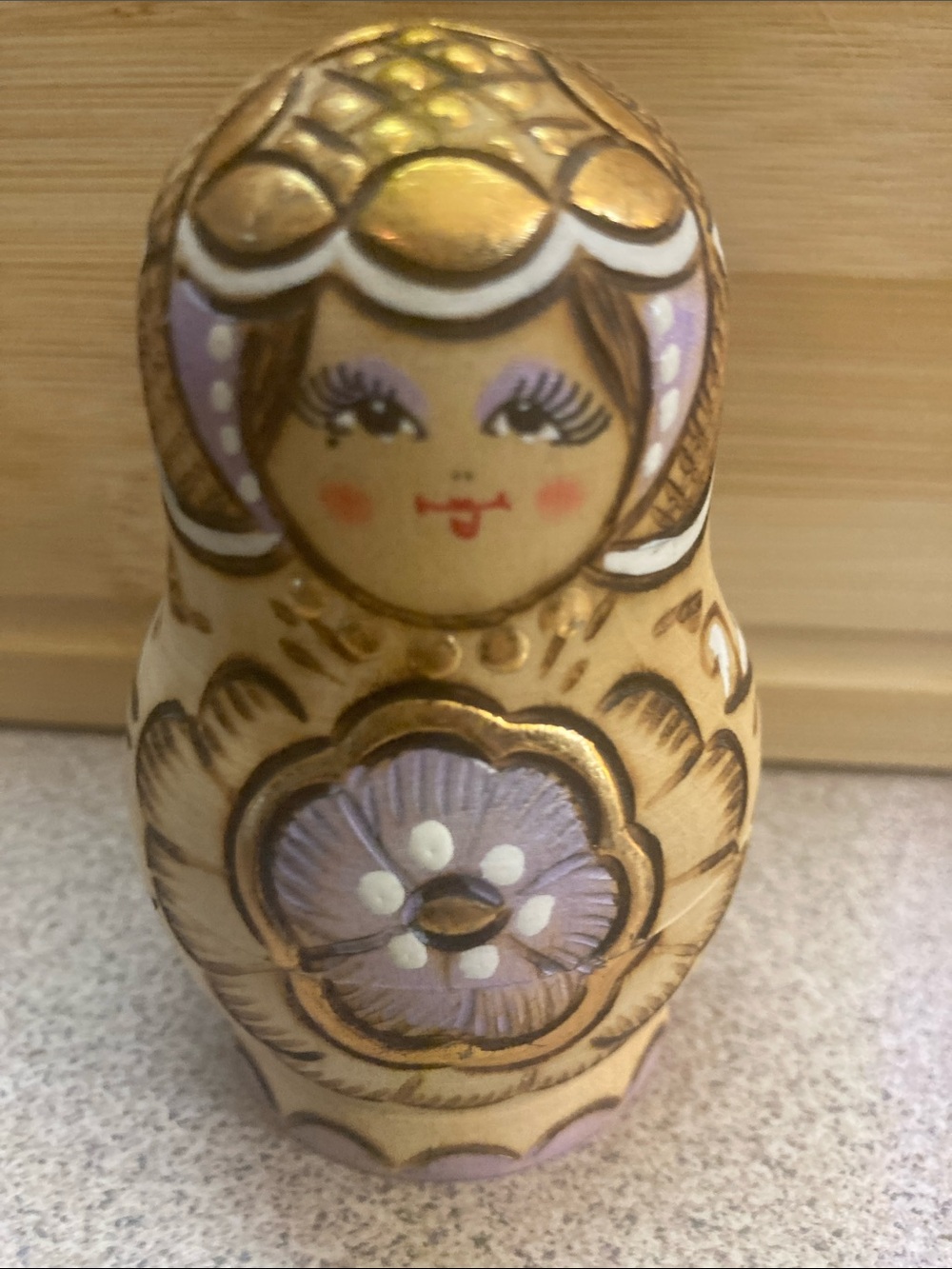 Hand-Painted Gold and Lavender Matryoshka Nesting Doll Home Art